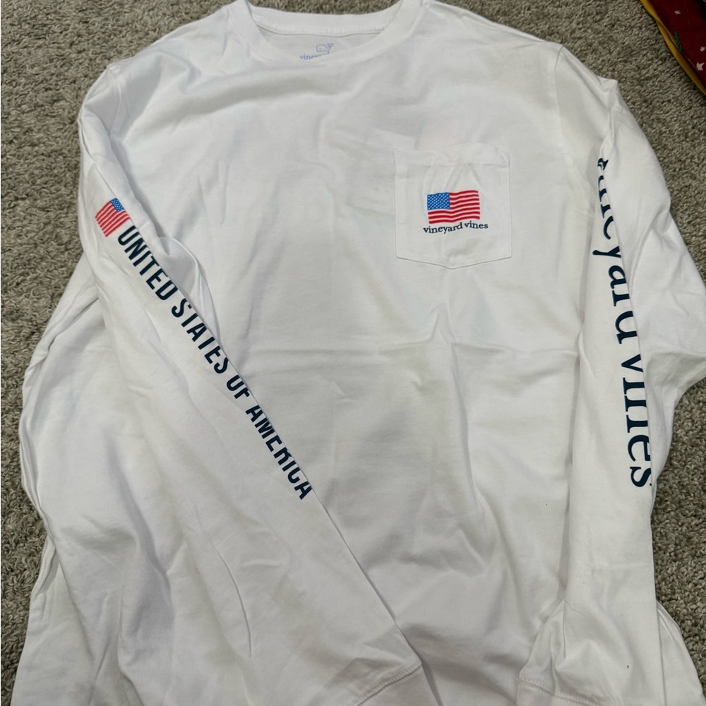 Vineyard Vines White Long Sleeve Tee with Flag Design
